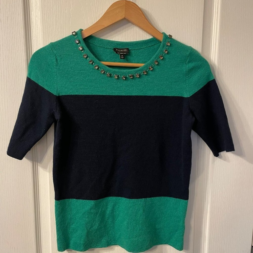 Talbots Medium Color Block Merino Wool Short Sleeve Sweater Preppy Quiet Luxury